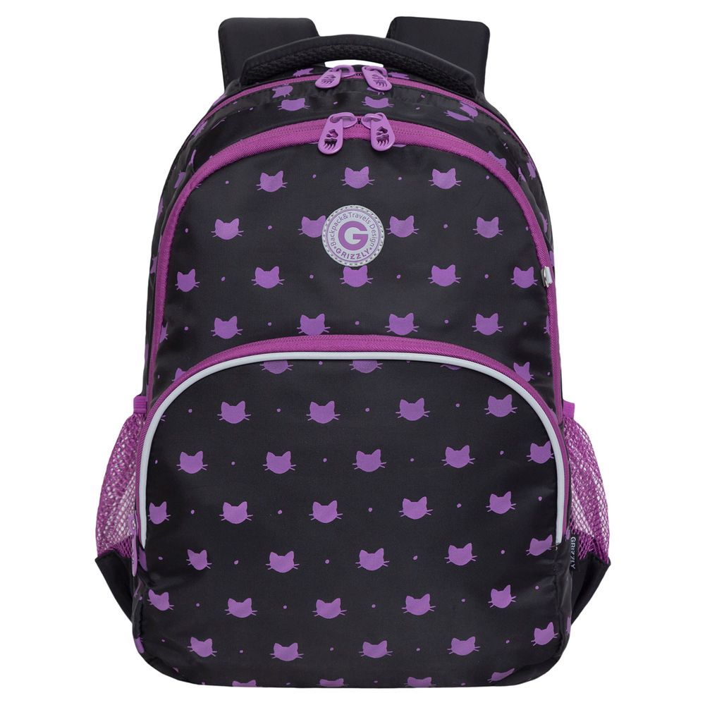 Рюкзак Grizzly, 27*40*20см, 2 отделения, 4 кармана, анатомическая спинка, черный-лавандовый