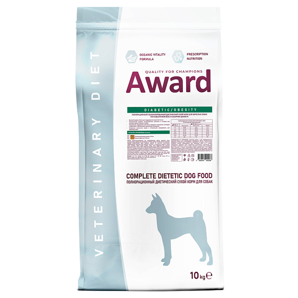 Сухой диетический корм для взрослых собак AWARD VETERINARY DIET DIABETIC AND OBESITY при сахарном диабете и избыточном весе 10 кг