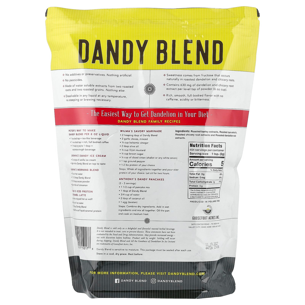 Dandy Blend, растворимый травяной напиток с одуванчиком, без кофеина, 908 г (2 фунта)