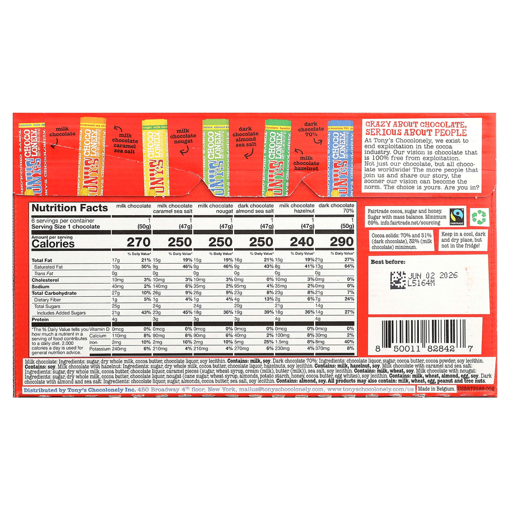 Tony's Chocolonely, Rainbow Tasting Pack, 6 батончиков, 288 г (10,16 унции)