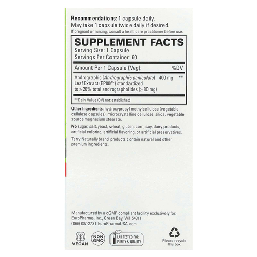 Terry Naturally, андрографис EP80, 400 мг, 60 капсул