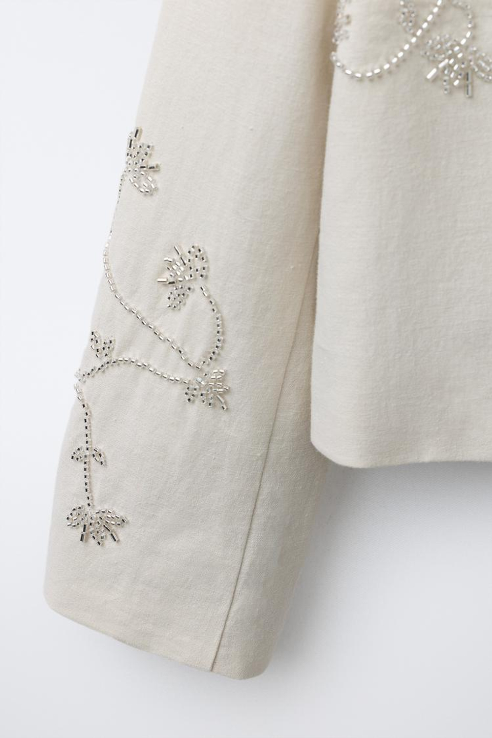 ZARA ЛЬНЯНОЙ БЛЕЙЗЕР С БЛЕСТЯЩИМИ ДЕТАЛЯМИ, СВЕТЛО-БЕЖЕВЫЙ