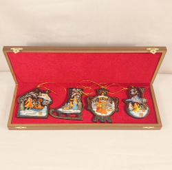 Набор из 4-х ёлочных игрушек  "Русская зима" с росписью Палех