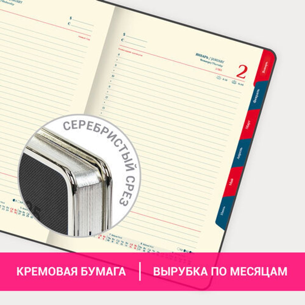 Ежедневник датированный 2025 А5 148х218 мм GALANT "Infinity Silver", под кожу, черный, 115720