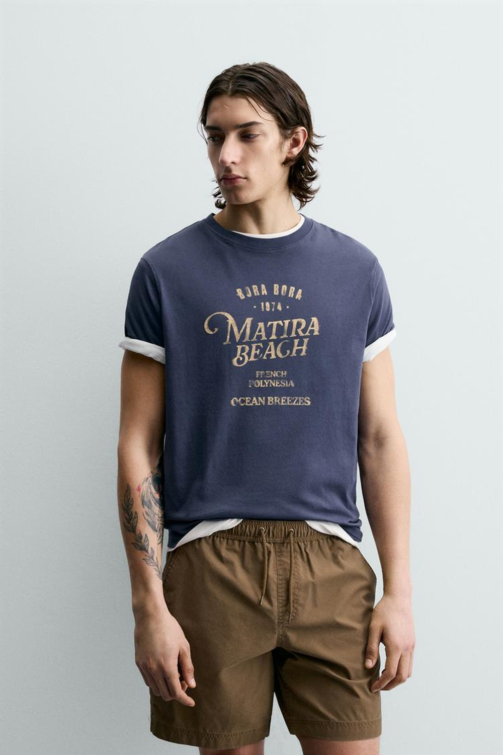 ZARA ФУТБОЛКА С ГРАФИЧЕСКИМ ПРИНТОМ, СИНИЙ