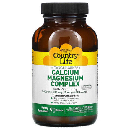 Кальций Country Life, Комплекс кальция и магния Target-Mins с витамином D3, 90 таблеток
