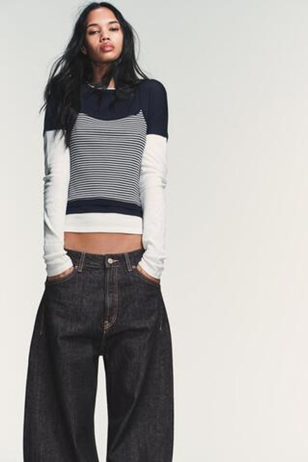 ZARA ФУТБОЛКА С ЭФФЕКТОМ ТРОЙНОЙ ПОЛОСКИ, МОРСКОЙ СИНИЙ