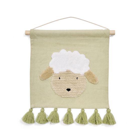 Настенный гобелен Milu из зеленого хлопка с овцой и зелеными кисточками