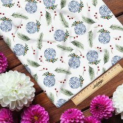 Ткань блэкаут снежные шары с еловыми ветками