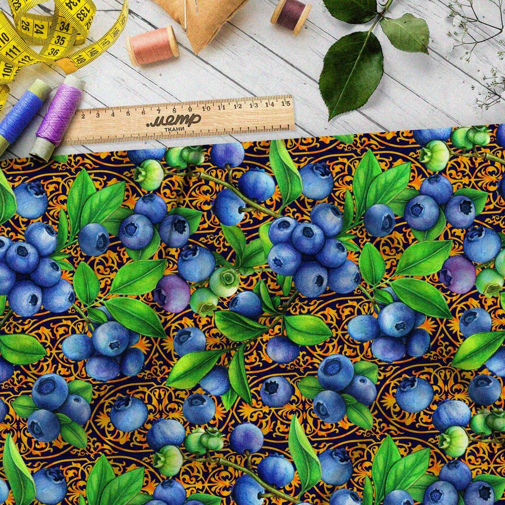 Ткань интерлок спелая черника хохломой на фоне