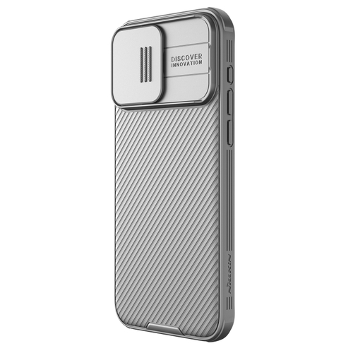 Чехол серого цвета (Titanium Gray) с защитной шторкой для камеры от Nillkin на iPhone 15 Pro, серия CamShield Pro Case