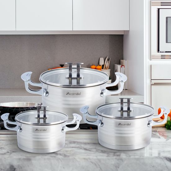 Набор кастрюль 6 предметов 1,7 л; 2,4 л; 3,1 л. Kamille KM 5861 из нержавеющей стали