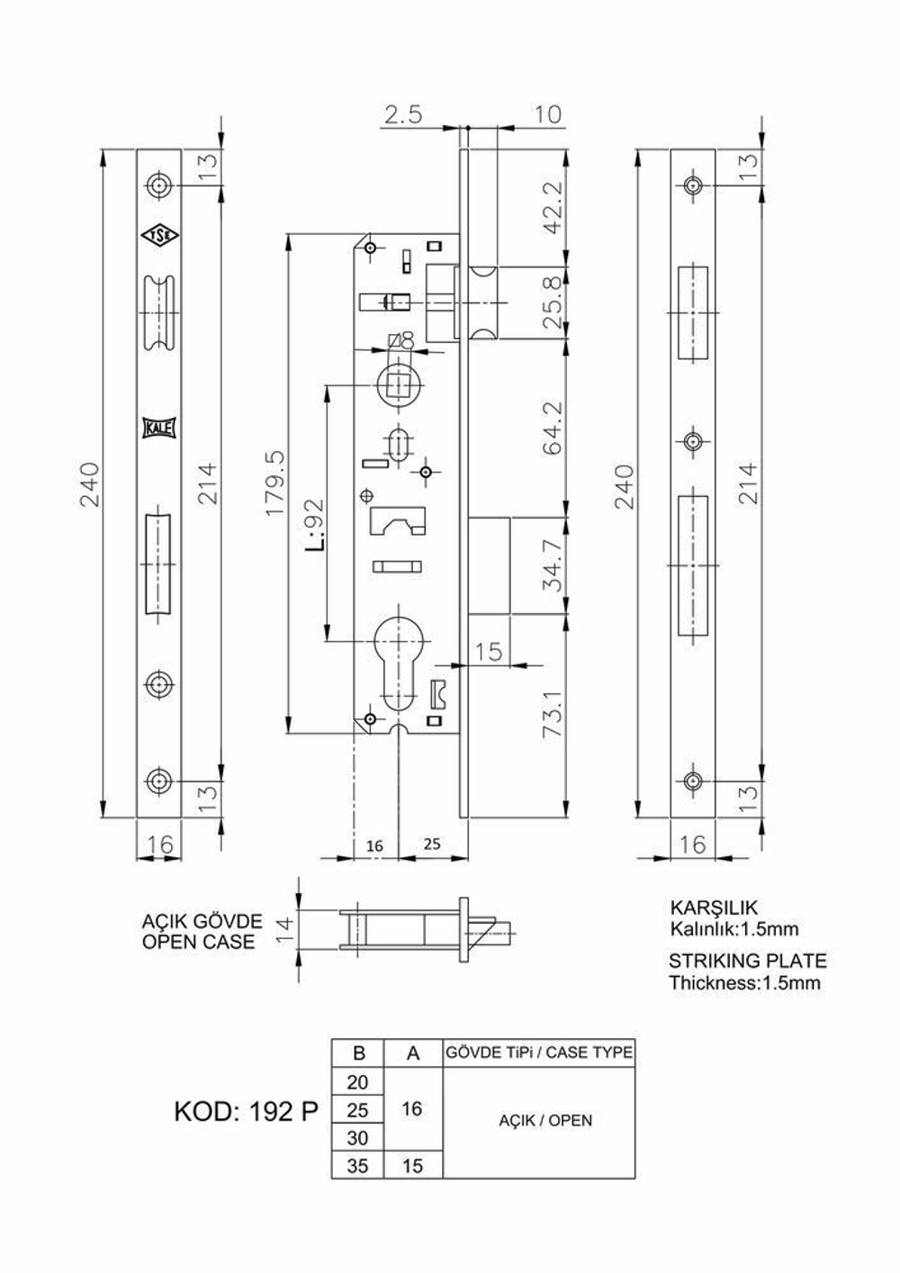 Замок врезной ЗВ-192/Р (25мм) w/b никель Корпус KALE
