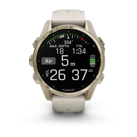 Мультиспортивные GPS часы Garmin Fenix 8S (43 mm) AMOLED, Sapphire Soft Gold with Fog Gray/Dark Sandstone Silicone Band 010-02903-11