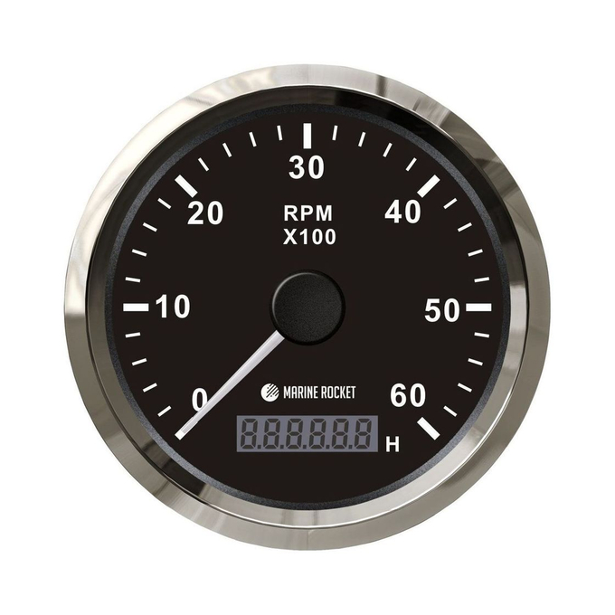 Тахометр 0-6000 об/мин со счетчиком моточасов делитель 0.5-250, черный циферблат, нержавеющий ободок