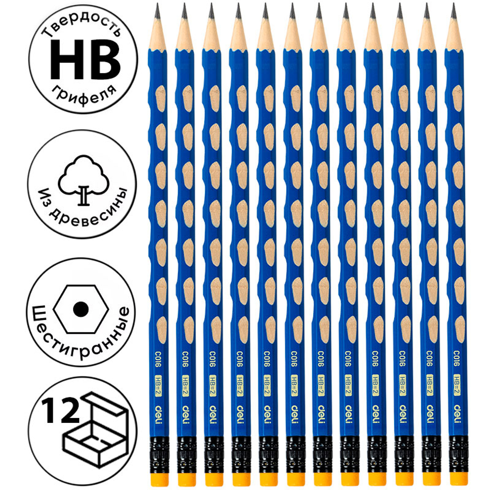 Карандаш DELI "U-Touch", НВ, шестигранный корпус, дерево, с ластиком, синий