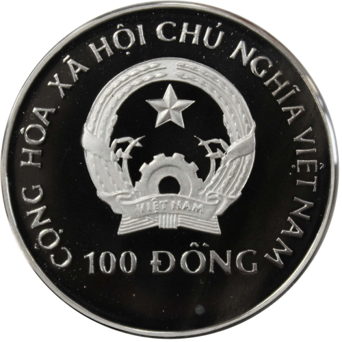 100 донгов. XVI зимние Олимпийские Игры в Альбервиле. Вьетнам. Серебро. 1990 год. PROOF