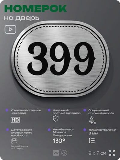 Номерок на дверь квартиры 399, для кабинета, офиса, шильдик 9 х 7 см, брашированная сталь, Айдентика Технолоджи
