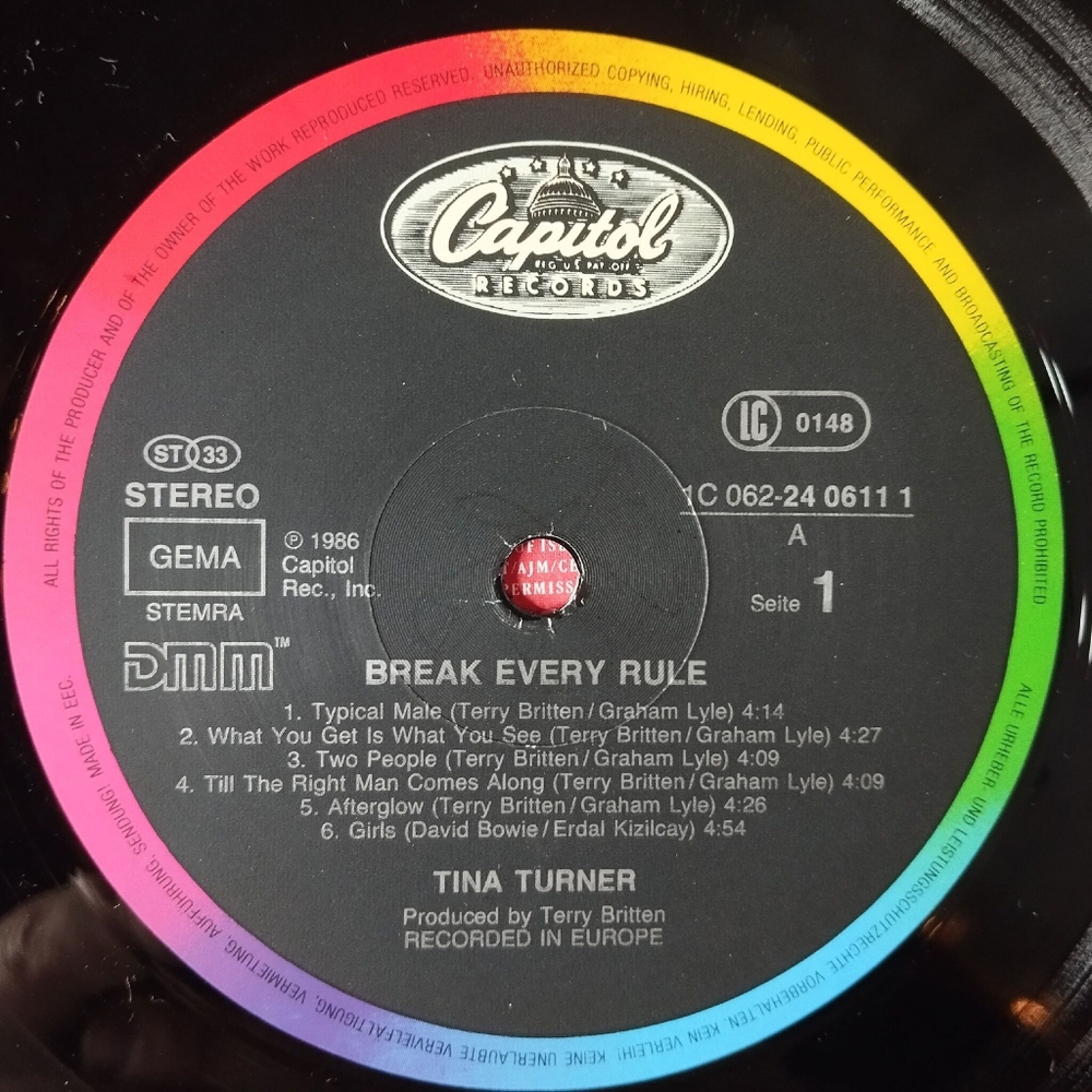 Винтажная виниловая пластинка LP Tina Turner Break Every Rule (Germany 1986) Back Where You Started