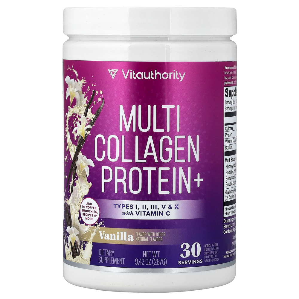 Vitauthority, Collagen Protein+, коллаген нескольких типов, с ванильным вкусом, 267 г (9,42 унции)