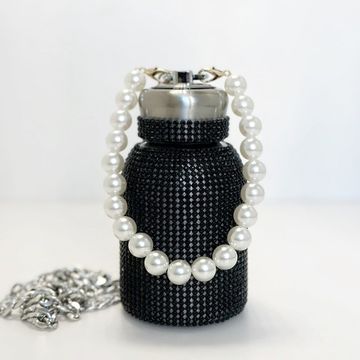 Термос-бутылка со стразами и жемчугом, цвет черный, 300 мл