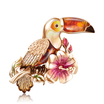 Брошь «Тукан» из красного золота с янтарём и эмалью