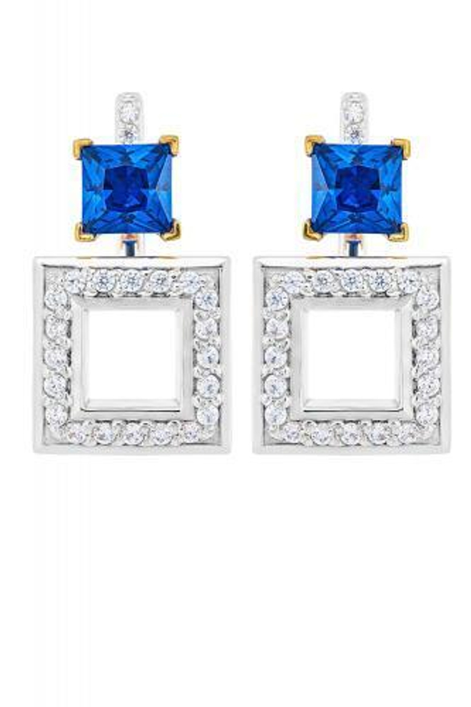 Серьги из серебра со вставками из выращенной синей шпинели и бесцветных фианитов