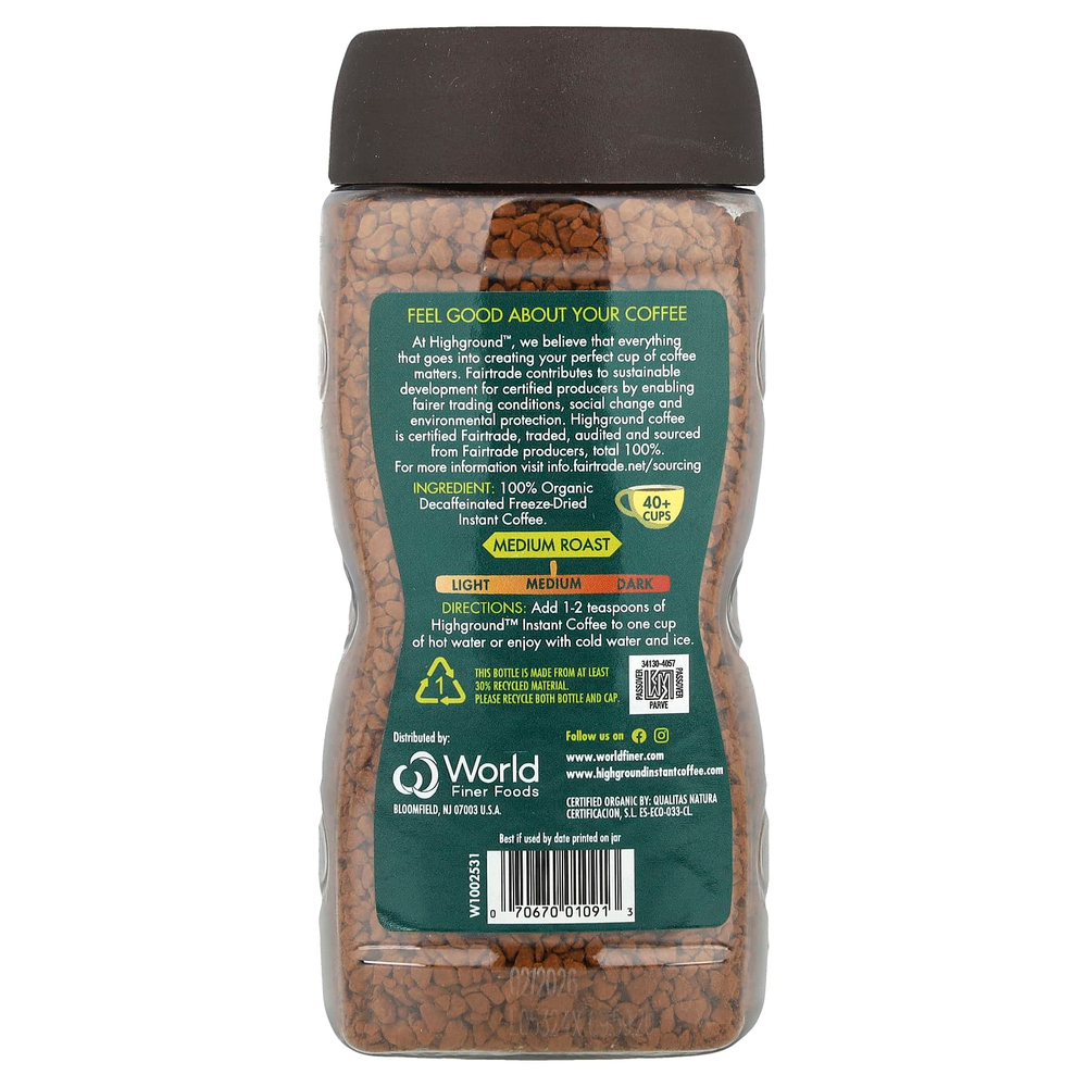 Highground Coffee, органический растворимый кофе, средняя обжарка, без кофеина, 100 г (3,53 унции)