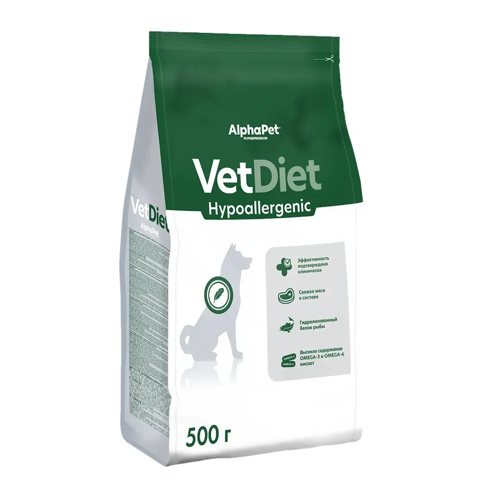 Уценка! Срок 06.08.26/ Сухой диетический корм AlphaPet VetDiet HYPOALERGENIC для взрослых собак всех пород при пищевой аллергии и непереносимости ингредиентов