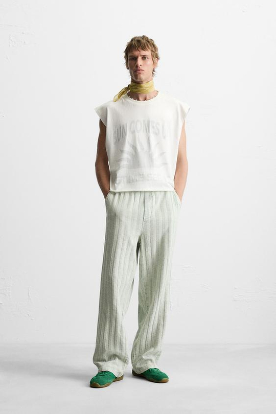 ZARA ЖАККАРДОВЫЕ БРЮКИ RELAXED FIT, СВЕТЛО-ЗЕЛЕНЫЙ