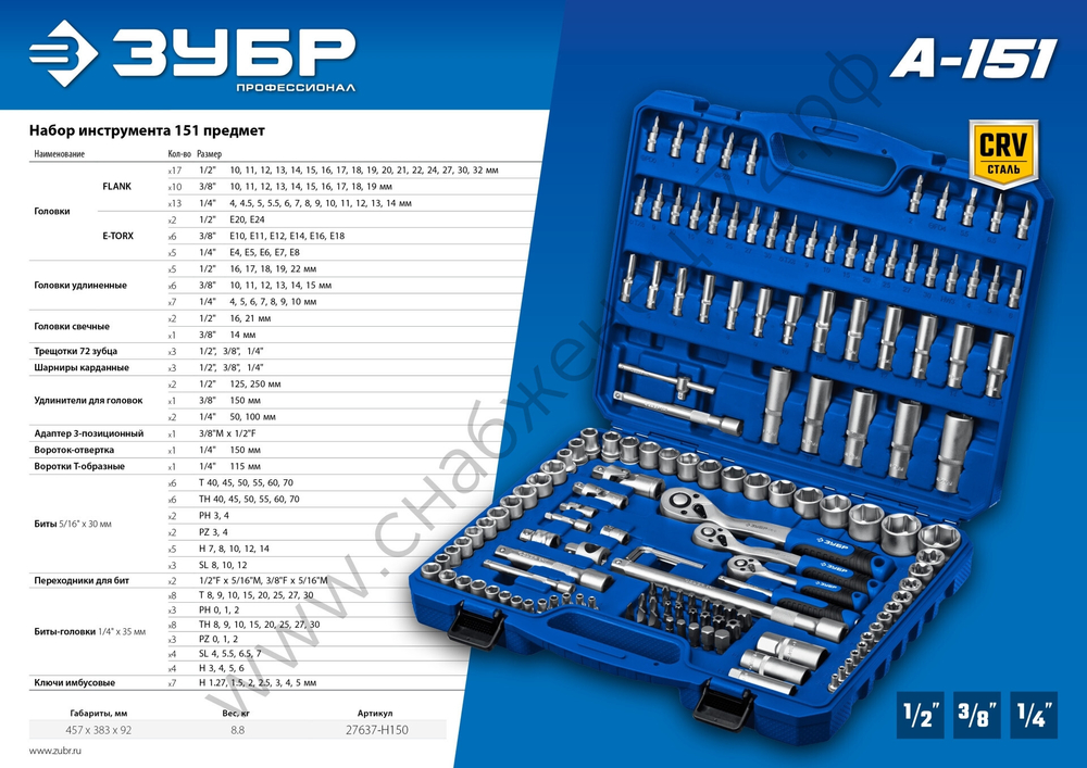 ЗУБР А-150, 150 предм., (1/2″+ 3/8″+ 1/4″), универсальный набор инструмента, Профессионал (27637-H150)