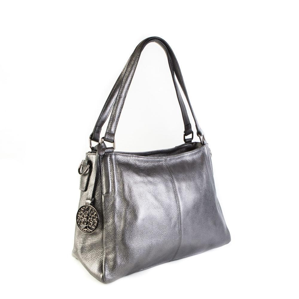 Стильная модная практичная женская средняя серебристая сумка из натуральной кожи 37х24х11 см с плечевым ремнём 9790 Silver