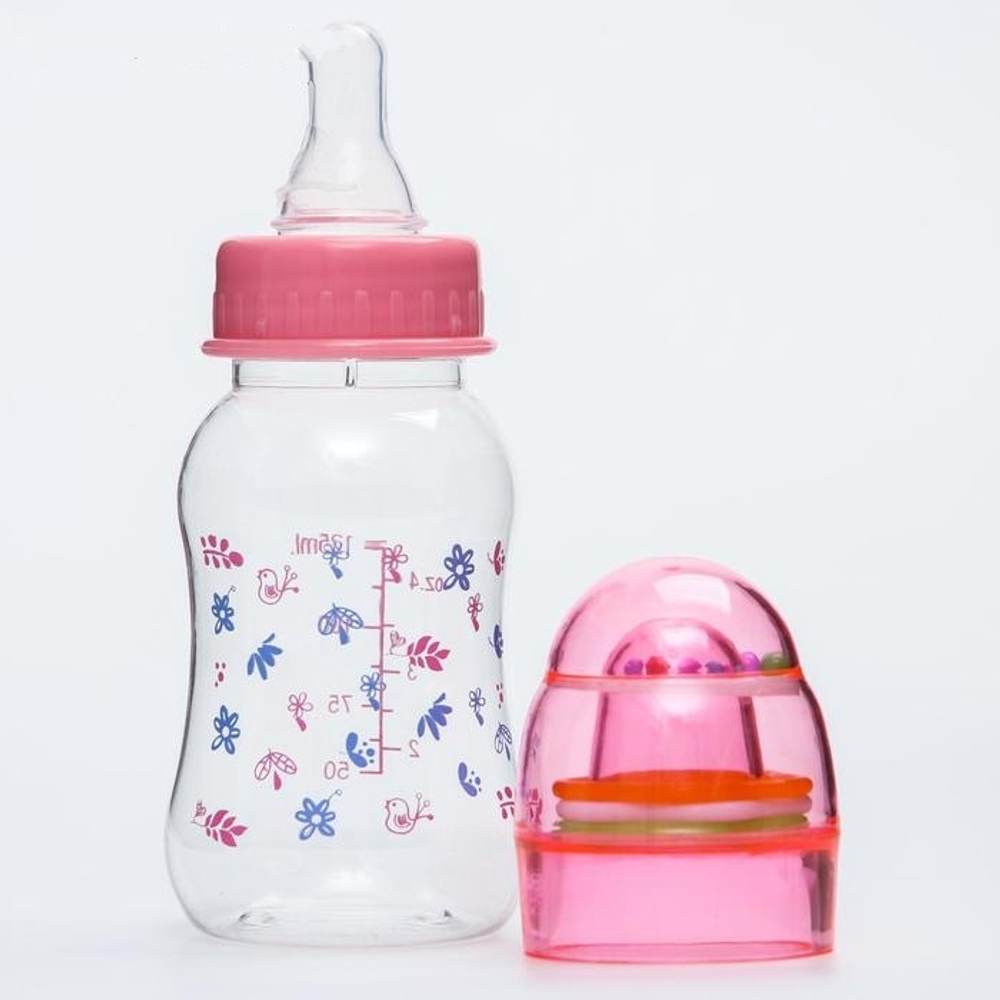 4780641 Бутылочка для кормления, крышка-погремушка, 125 мл., цвет розовый