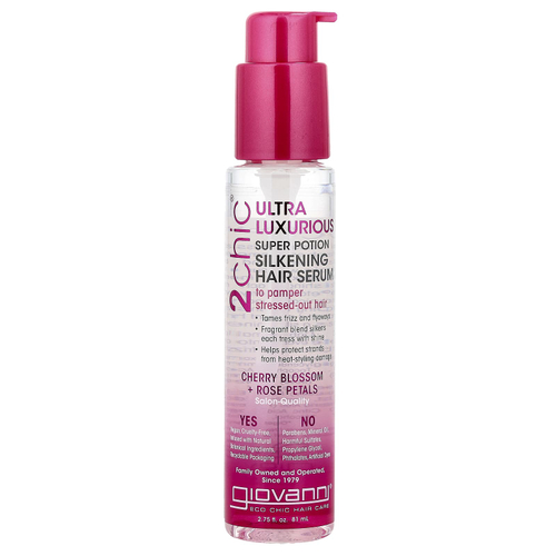 Giovanni, 2chic, ультралюксовая суперэффективная сыворотка для шелковистых волос, для ухода за уставшими волосами, цветы вишни и лепестки роз, 81 мл (2,75 жидк. унции)