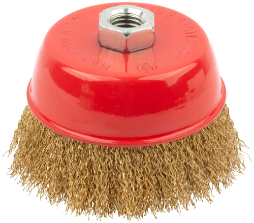 Корщетка-чашка, гайка М14, стальная латунированная волнистая проволока 100 мм 39270