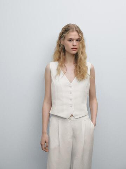 Massimo Dutti Укороченный жилет с V-образным вырезом, натуральный, кремовый