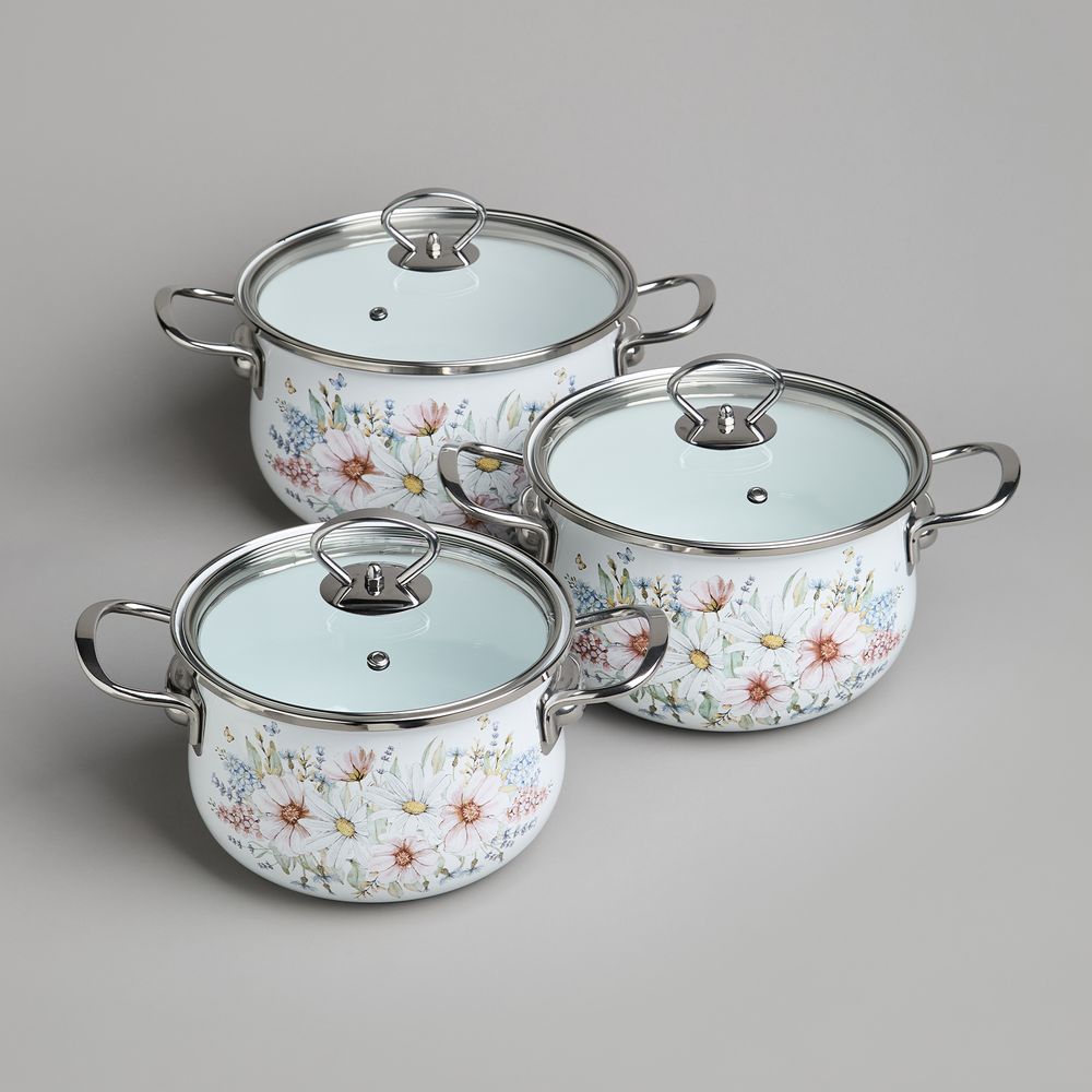 НАБОР КАСТРЮЛЬ AGNESS ЭМАЛИРОВАННЫХ СЕРИЯ "ДВОРЦОВЫЙ ПАРК", 6ПР. 2,0/2,8/3,6Л,18Х11/20Х12/22Х13СМ