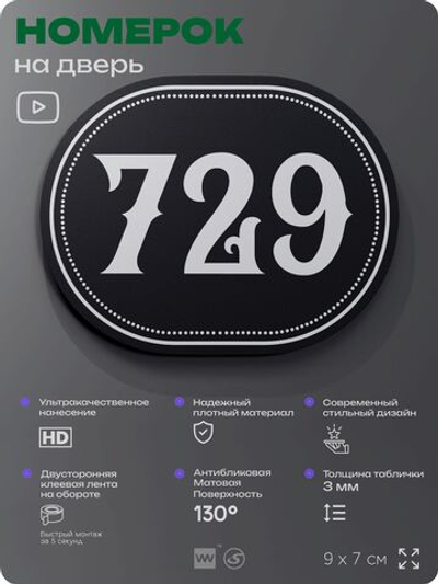 Номерок на дверь квартиры 729, для кабинета, офиса, шильдик 9 х 7 см, черный, Айдентика Технолоджи
