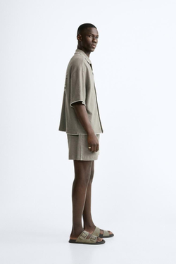 ZARA ШОРТЫ-БЕРМУДЫ С КОНТРАСТНОЙ ВЫШИВКОЙ, КОРИЧНЕВЫЙ / ТЕМНО-СЕРЫЙ