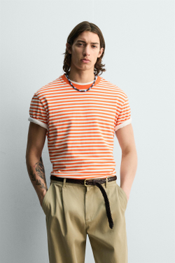 ZARA ФУТБОЛКА REGULAR FIT ЖАККАРД В ПОЛОСКУ, БЕЛО-ОРАНЖЕВЫЙ