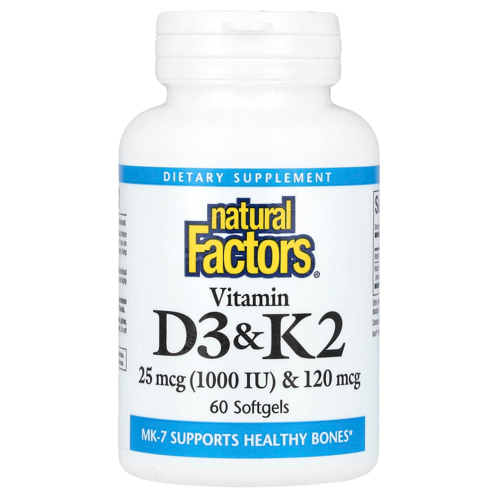 Natural Factors, витамины D3 и K2, 25 мкг (1000 МЕ) и 120 мкг, 60 капсул