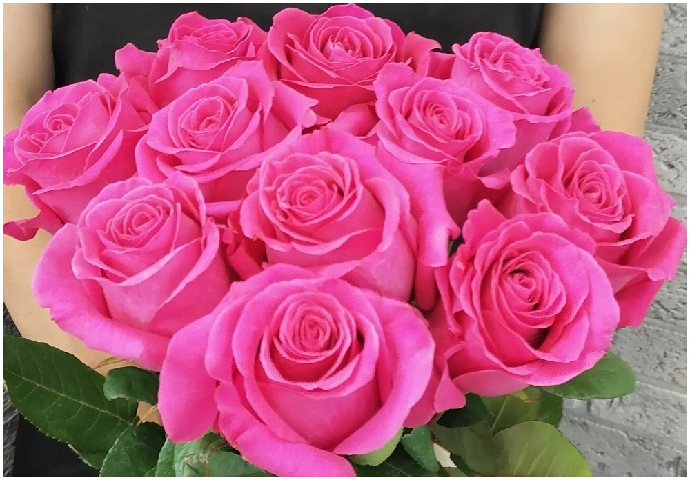 Букет из свежих живых цветов 11 розовых роз с лентой, купить с доставкой