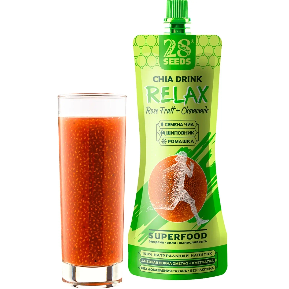 Напиток ЧИА РЕЛАКС «Шиповник + Ромашка» 250 мл — напиток с семенами чиа в стакане