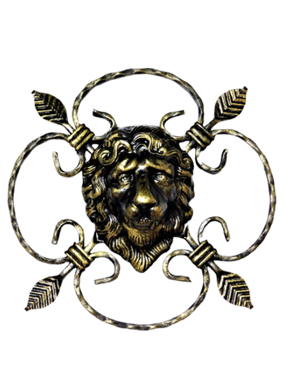 Декоративный кованый элемент из стали Лев 30х30 см. Ручная работа, патина золотая бронза