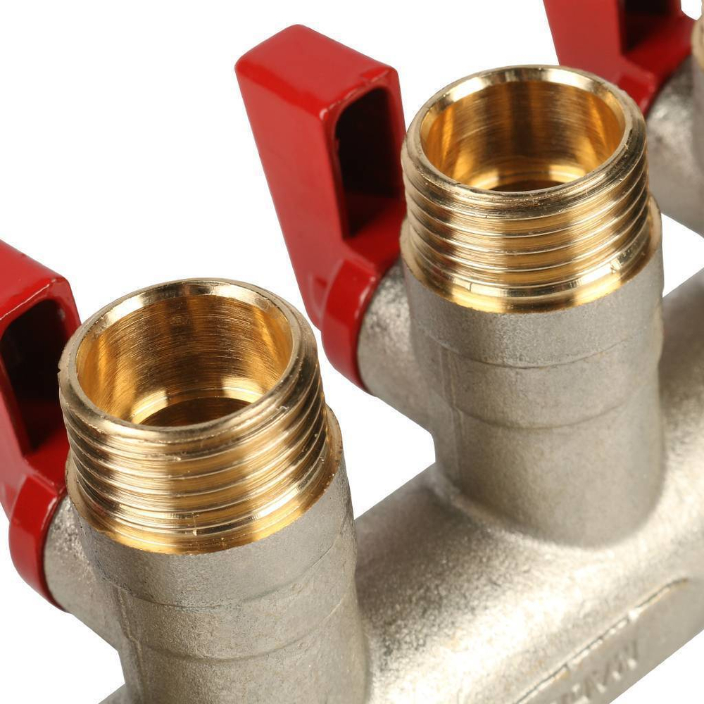 STOUT Коллектор с шаровыми кранами 3/4", 4 отвода 1/2" (красные ручки)