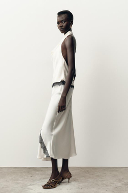 ZARA АТЛАСНАЯ ЮБКА-МИДИ С КРУЖЕВОМ, ЭКРЮ