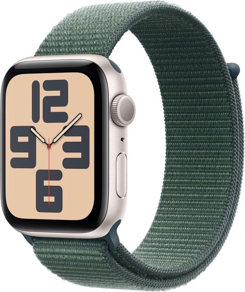 Умные часы Apple Watch SE 2024 44 мм из алюминия цвета «сияющая звезда», нейлоновый браслет зеленого цвета