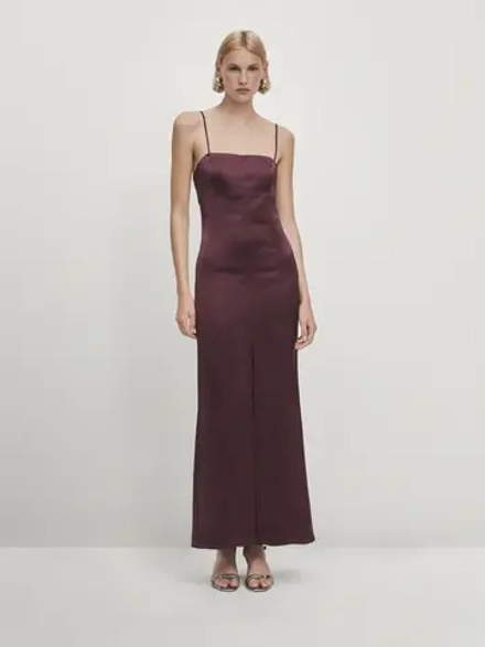 Massimo Dutti Длинное атласное платье с разрезом - Studio, баклажановый