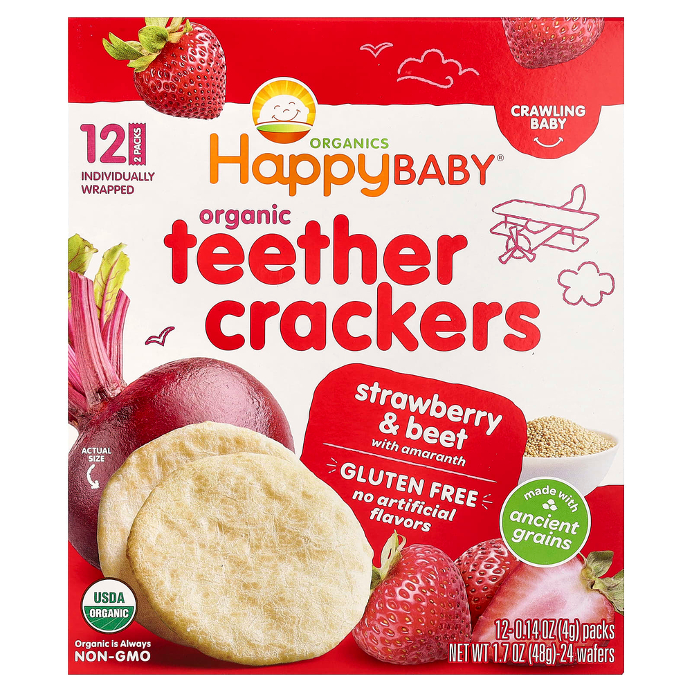 Happy Family Organics, Happy Baby, органические крекеры для зубов, клубника, свекла и амарант, 12 пакетиков по 4 г (0,14 унции)