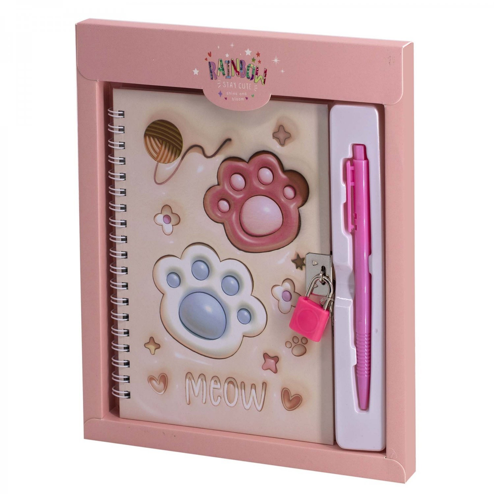 Блокнот в футляре, 19,5 см * 22,5 см , гребень, Alingar, ламинация, конгрев, эффект 3D, замочек, 46 л., клетка, "Лапки", персиковый